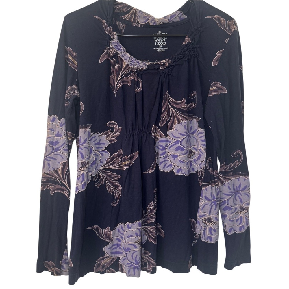 Vtg‎ IZOD Cotton Purple Floral Print Long Sleeve Ruched Neck Top Blouse M Y2k